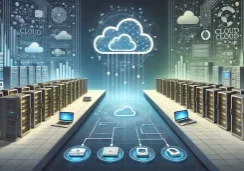 DALLE 2024-10-25 183059 - A landscape illustration showing the transition from on-premises data centers to cloud computing Display traditional physical servers and storage dev