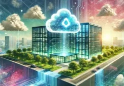 DALLE 2025-01-10 140419 - An artistic illustration depicting two futuristic companies collaborating on a groundbreaking cloud infrastructure project to address climate change